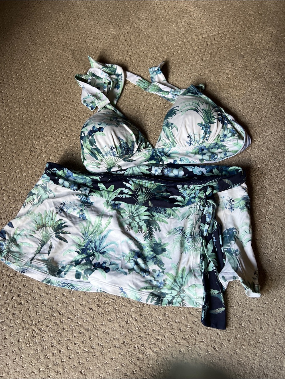 Tropical Print Bikini Set with Skirt - Green & Navy